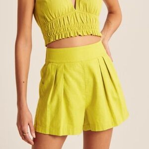Abercrombie & Fitch Ultra High Waist Linen Blend Pull On Shorts in Chartreuse